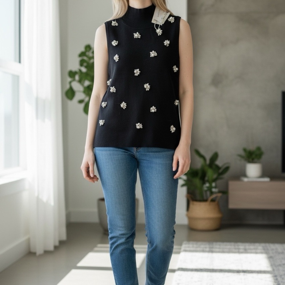 Jason Wu Black Embellished Knit Shell | Crystal Floral | NWT